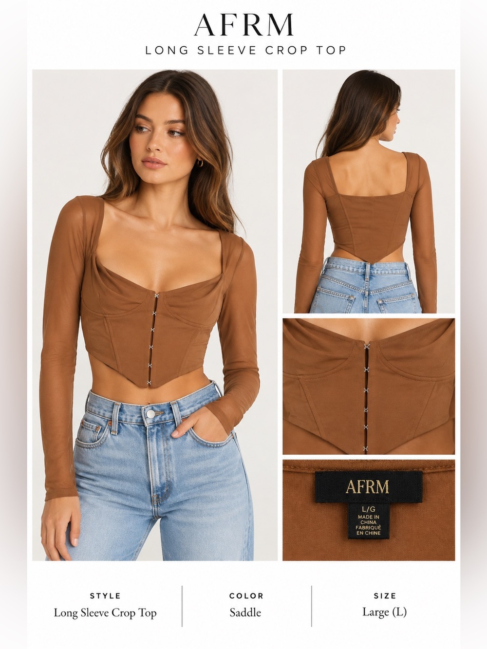 AFRM Long Sleeve Corset Crop Top Saddle Brown Size L NWT